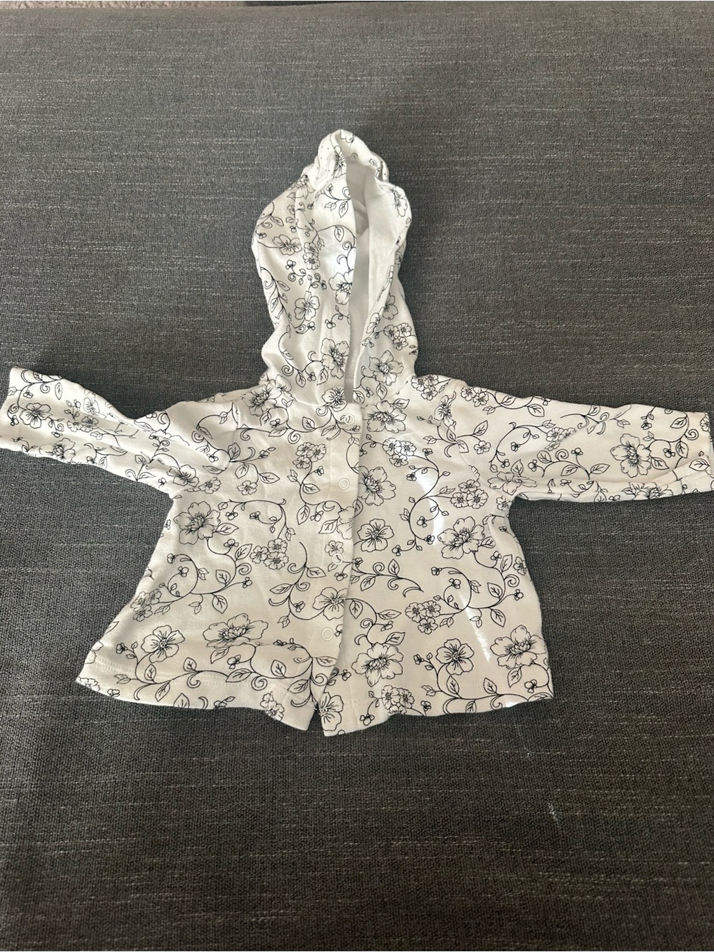 Floral Hooded Button-Up Baby Jacket - White with Black Floral Print